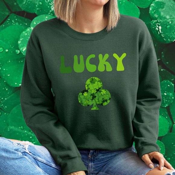 Lucky Sweatshirt Saint Patric's Day College Sweatshirt Military Green Shirt - Picture 1 of 10